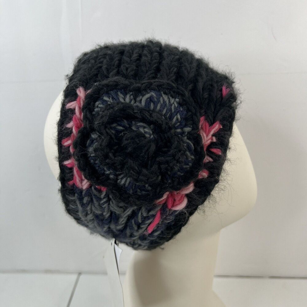 Crochet Hand Knit Headwrap Flower Accent Knit Black Pink Button Close Adjustable - Picture 3 of 9